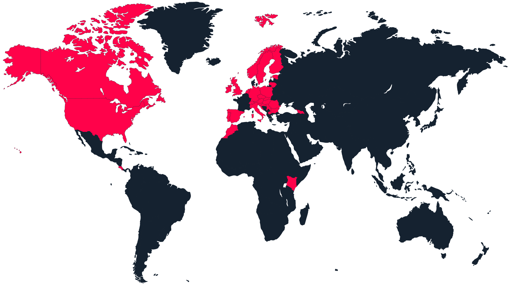 En världskarta med de aktiva länderna markerade med rött.