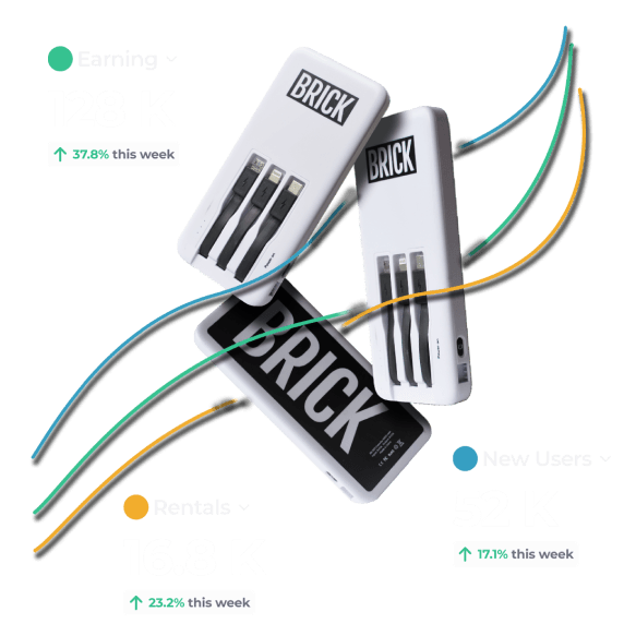 Three Brick powerbanks with statistics